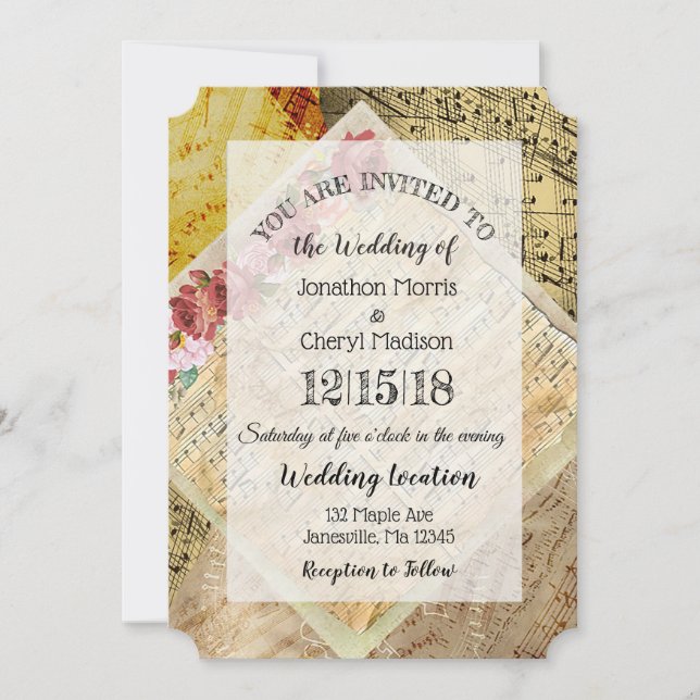 Vintage Sheet  Music Floral Wedding  Invitation (Front)