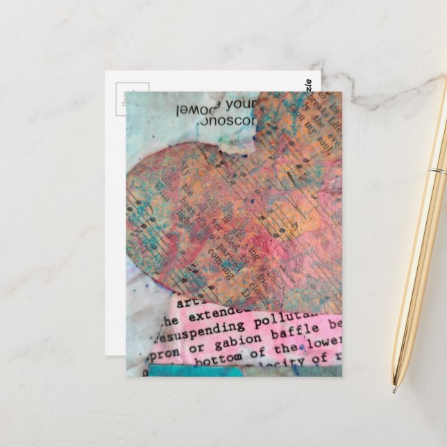 Vintage Sheet Music Heart Mixed Media Collage Postcard (Front/Back In Situ)