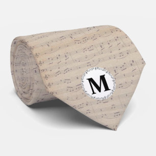 Vintage sheet music note pattern monogram tie