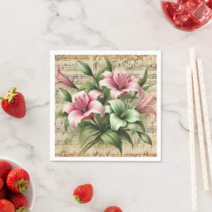 Vintage Sheet Music Pink & Green Lilies Decoupage Napkin