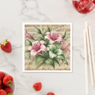 Vintage Sheet Music Pink & Green Lilies Decoupage Napkin