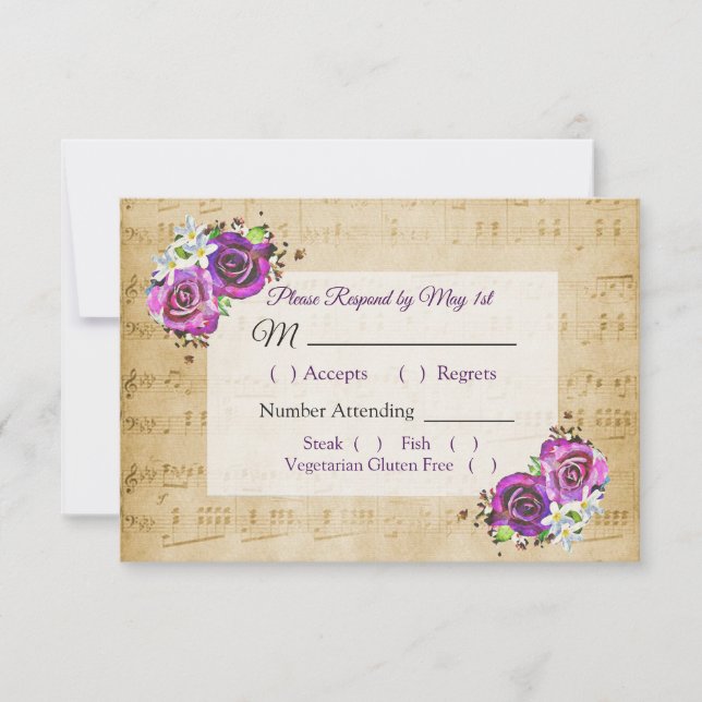 Vintage Sheet Music Purple Rose Wedding RSVP card (Front)