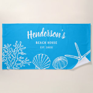 Vintage Shell Starfish Beach House Name Blue White Towel