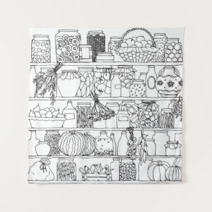 Vintage shelves with cans: sketch. tapestry