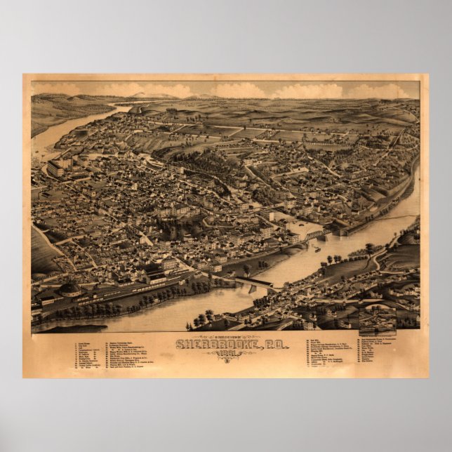 Vintage Sherbrooke Queubec Canada Map (1881) Poster (Front)