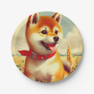 Vintage Shiba Inu Painting Paper Plate