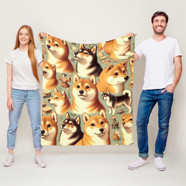 Vintage Shiba Inu Seamless Pattern Fleece Blanket (In Situ)
