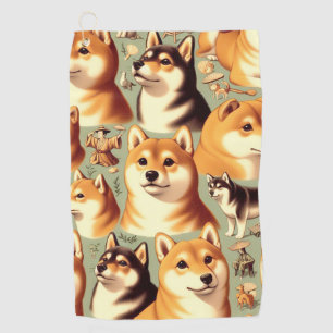 Vintage Shiba Inu Seamless Pattern Golf Towel
