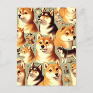 Vintage Shiba Inu Seamless Pattern Postcard