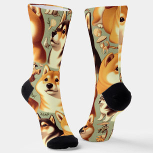 Vintage Shiba Inu Seamless Pattern Socks
