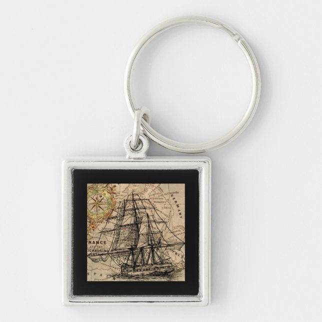 Vintage Ship And Map Key Ring (Front)