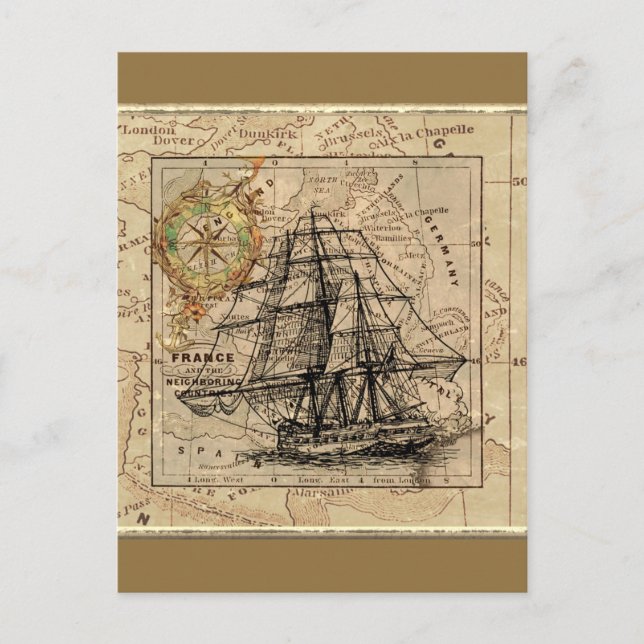 Vintage Ship And Map Postcard (Front)