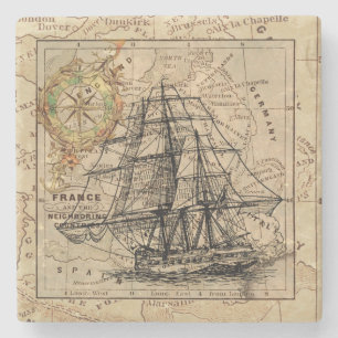 Vintage Ship And Map Stone Coaster