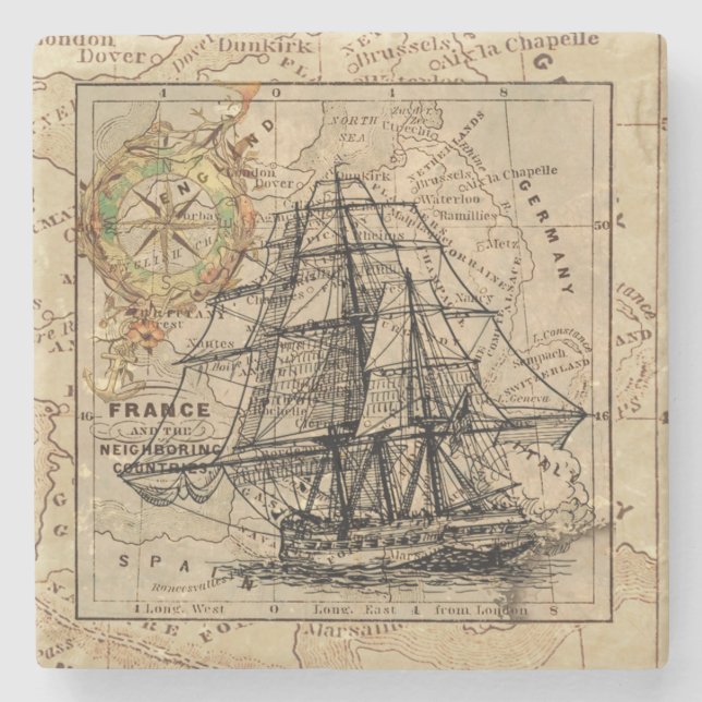 Vintage Ship And Map Stone Coaster (Front)
