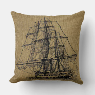 Vintage Ship Art on faux burlap Cushion