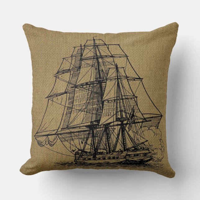 Vintage Ship Art on faux burlap Cushion (Front)