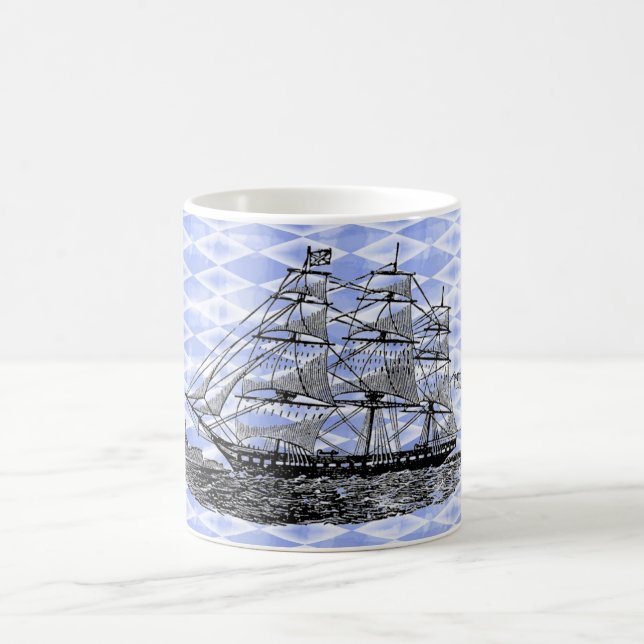 Vintage Ship Blue Harlequin Coffee Mug (Center)