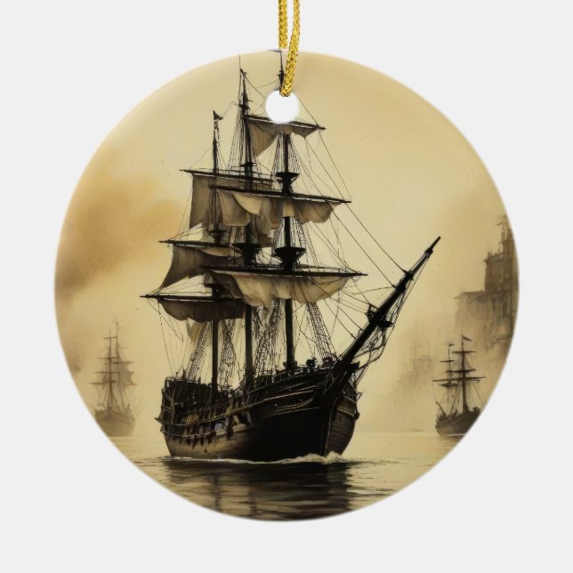Vintage Ship Ceramic Tree Decoration (Front)