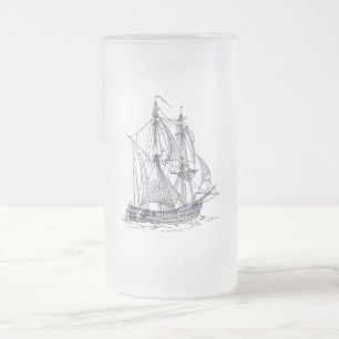 Vintage Ship Frosted Glass Beer Mug