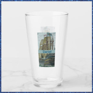 Vintage Ship Illustration Sailing Theme Glass