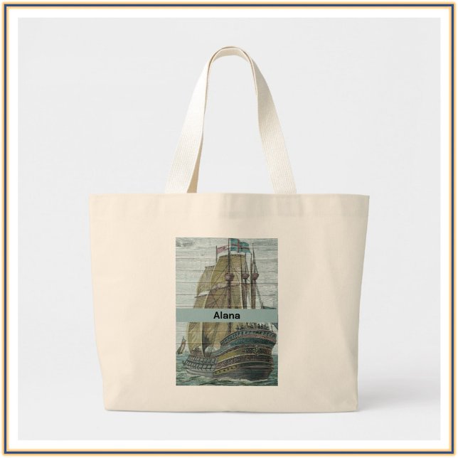 Vintage Ship Illustration Sailing Theme Large Tote Bag (Creator Uploaded)