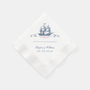 Vintage Ship Navy Blue and White Cocktail Napkin