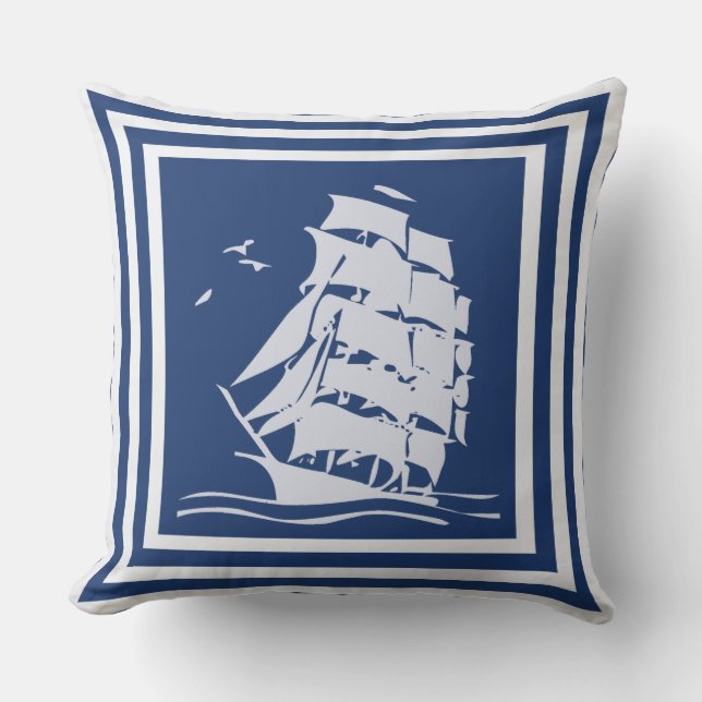 Vintage Ship, Reversible Cotton Throw Pillow, navy Cushion (Front)
