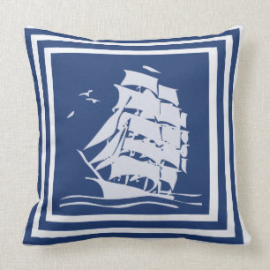 Vintage Ship, Reversible Cotton Throw Pillow, navy Cushion