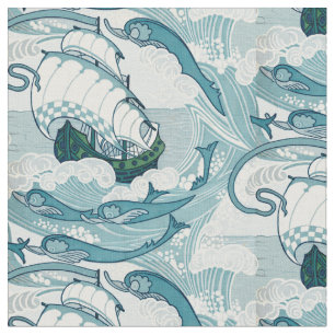 Vintage Ships And Dolphins Pattern Fabric