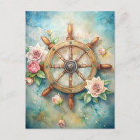 Vintage Ship's Wheel Pink Cream Roses Ocean 