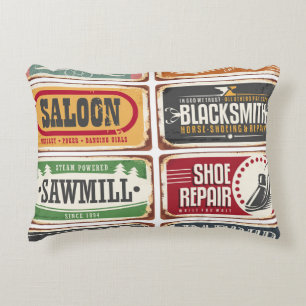 Vintage shop posters collection. Retro store tin s Decorative Cushion
