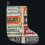 Vintage shop posters collection. Retro store tin s Small Christmas Stocking<br><div class="desc">Vintage shop posters collection. Retro store tin signs design on rusty background. 
vintage, poster, retro, saloon, old, barber, design, 1800s, shop, ad, advertising, metal, 1900s, cobbler, repair, sawmill, trade, 1930s, 1950s, vintage, retro, illustration, </div>