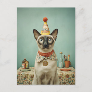 Vintage Siamese Cat with Party Hat Portrait Postcard