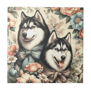 Vintage Siberian Husky Illustration Tile