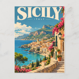 Vintage Sicily Italy Coastal Town Postcard