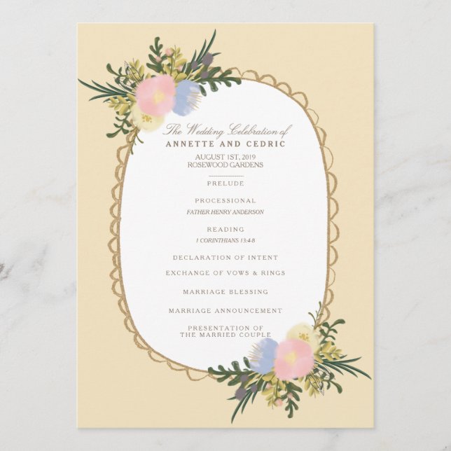 Vintage Silhouette Floral Wedding Program Card (Front)