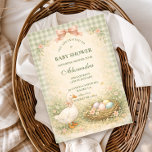 Vintage Silly Goose Garden Baby Shower Invitation<br><div class="desc">A charming storybook-style baby shower design featuring a sweet watercolor goose standing beside a nest filled with pastel eggs. Delicate spring flowers and soft greenery create a gentle countryside scene, while a blush bow and sage gingham background add a cozy cottagecore touch. The vintage illustration style and soft pastel palette...</div>