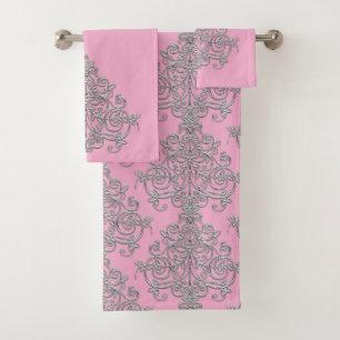 Vintage Silver and Pink Damask Bath Towel Set