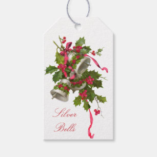 Vintage Silver Bells with Pink Holly Berries Gift Tags