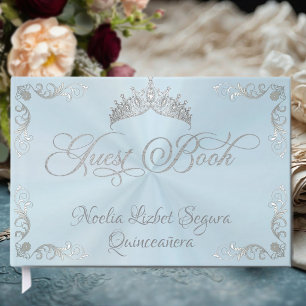 Vintage Silver Border & Tiara - Pastel Blue Guest Book
