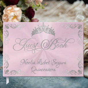 Vintage Silver Border & Tiara - Pastel Pink Guest Book