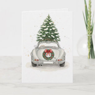 Vintage Silver Car with Christmas Tree Card