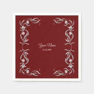 Vintage Silver Floral Name Red Wedding Party Napkin