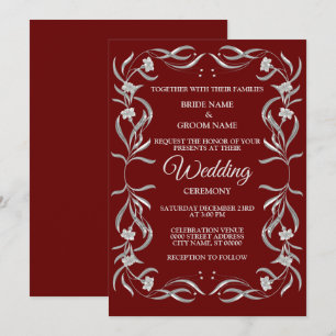 Vintage Silver Floral Pattern Red Elegant Wedding Invitation