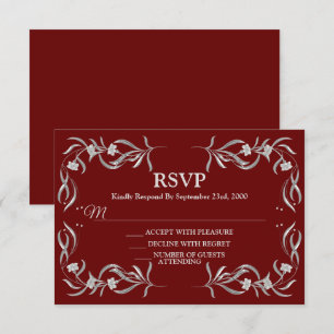 Vintage Silver Floral Pattern Red Elegant Wedding RSVP Card