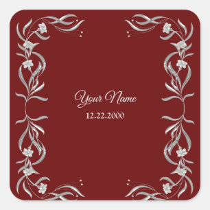Vintage Silver Floral Pattern Red Wedding Party Square Sticker