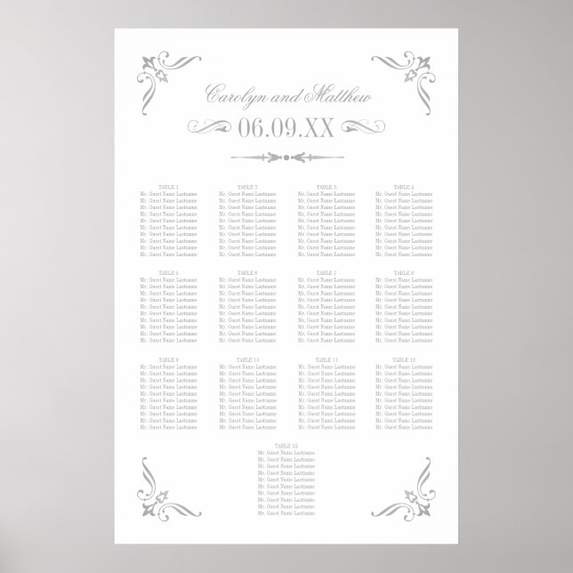 Vintage Silver Flourish Wedding Seating Poster (Front)