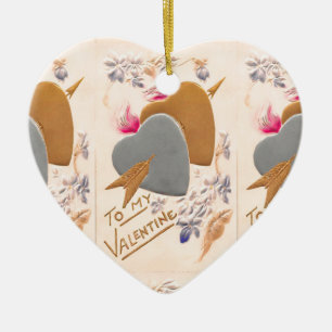 Vintage Silver & Gold Hearts Valentine Postcard Ceramic Tree Decoration