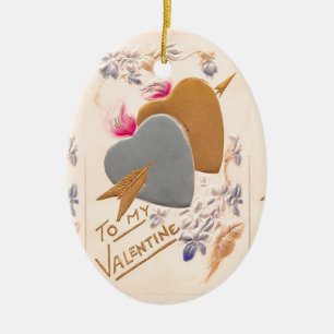 Vintage Silver & Gold Hearts Valentine Postcard Ceramic Tree Decoration
