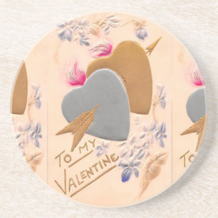 Vintage Silver & Gold Hearts Valentine Postcard Coaster